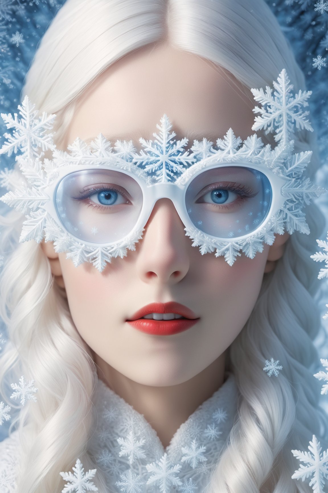 A girl with extremely fair complexion, almost appearing ghostly, possesses stunning flowing white hair that cascades down past her shoulders. Her eyes, an intense shade of red, glow eerily against her pale skin. wearing snowflake glasses,This mesmerizing image, resembling a high-resolution photograph, captures every intricate detail of the girl's ethereal beauty. From the flawless complexion to the intricately styled white hair and mesmerizing grey eyes, the picture showcases the subject in astounding clarity. The exceptional quality of the image transports viewers into a world where they can effortlessly admire the girl's otherworldly features.,snowflake glasses