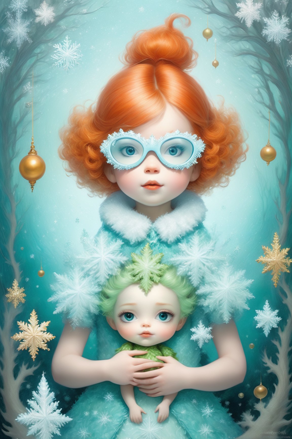 A beautiful and whimsical elusive pop noir surrealism, orange haired little girl holding a baby Scooby-Doo grinch, wearing snowflake glasses,in the style of Dr. Seuss, inspired by Mandelbrot fractals and the Doppler effect glitchcore, in the style of Ray Caesar, modern art, art nouveau, realism fantastic, intricate details, surreal emotion art, interesting emotional feeling, highli texture details, Behance winning award. rendered in a charming, ornate style, with textured brushstrokes and incredibly high 12k resolution. This highly detailed 3DHD oil painting showcases Pierre-Auguste Renoir's mastery of color and technique. The deep, incandescent tones and ultra-fine details evoke a surrealist vibe reminiscent of Craola, Nicoletta Ceccoli, Beeple, Jeremiah Ketner, Todd Lockwood. Meticulously hand-painted with meticulous attention to detail, this work of art captures the essence of fantastical scenes from a bygone era. Created using cutting-edge Octane Render technology, underwater,snowflake glasses