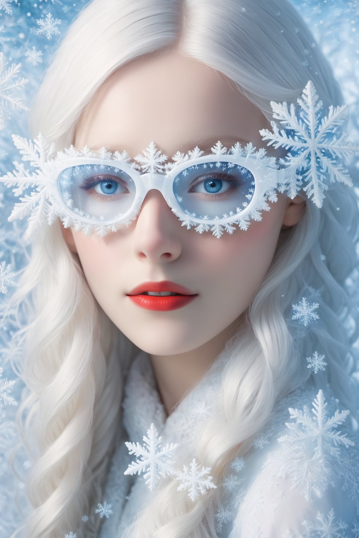 A girl with extremely fair complexion, almost appearing ghostly, possesses stunning flowing white hair that cascades down past her shoulders. Her eyes, an intense shade of red, glow eerily against her pale skin. wearing snowflake glasses,This mesmerizing image, resembling a high-resolution photograph, captures every intricate detail of the girl's ethereal beauty. From the flawless complexion to the intricately styled white hair and mesmerizing grey eyes, the picture showcases the subject in astounding clarity. The exceptional quality of the image transports viewers into a world where they can effortlessly admire the girl's otherworldly features.,snowflake glasses