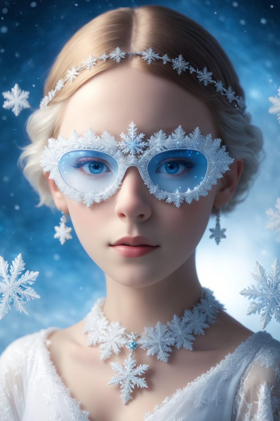 ((Bokeh:1.5)),((Soft focus:1.5)),(Fog),((blur)),(Lens Flare),
The Childlike Empress,stunning beautiful young albino girl,14 yers old,alabaster skin,very short brown  hair,wearing snowflake glasses,((Slicked back hair)),(head chain with jewelry stone),((Forehead)),
girl has Beautiful blue eyes, soft expression, Depth and Dimension in the Pupils, She wears white delicate fractal pattern lace dress, , creating a sense of movement and depth.
p3rfect boobs,3d toon style,snowflake glasses