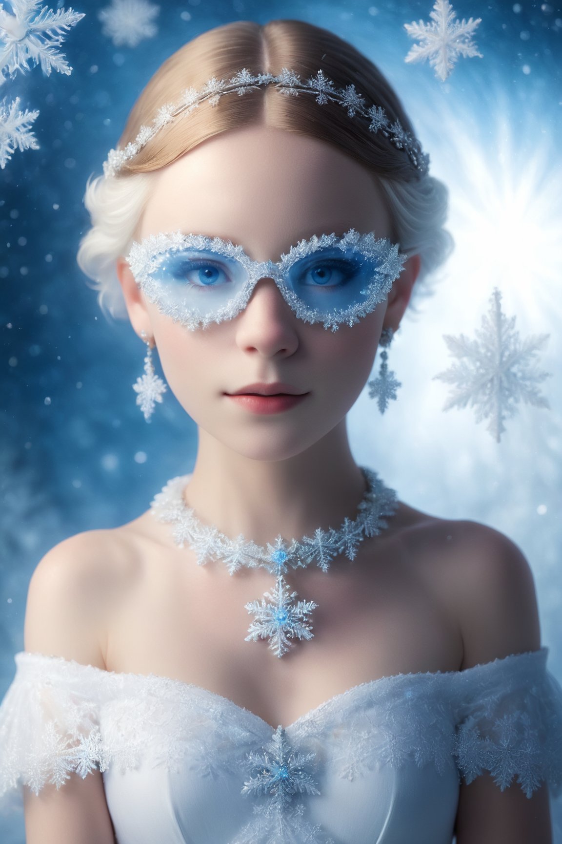 ((Bokeh:1.5)),((Soft focus:1.5)),(Fog),((blur)),(Lens Flare),
The Childlike Empress,stunning beautiful young albino girl,14 yers old,alabaster skin,very short brown  hair,wearing snowflake glasses,((Slicked back hair)),(head chain with jewelry stone),((Forehead)),
girl has Beautiful blue eyes, soft expression, Depth and Dimension in the Pupils, She wears white delicate fractal pattern lace dress, , creating a sense of movement and depth.
p3rfect boobs,3d toon style,snowflake glasses