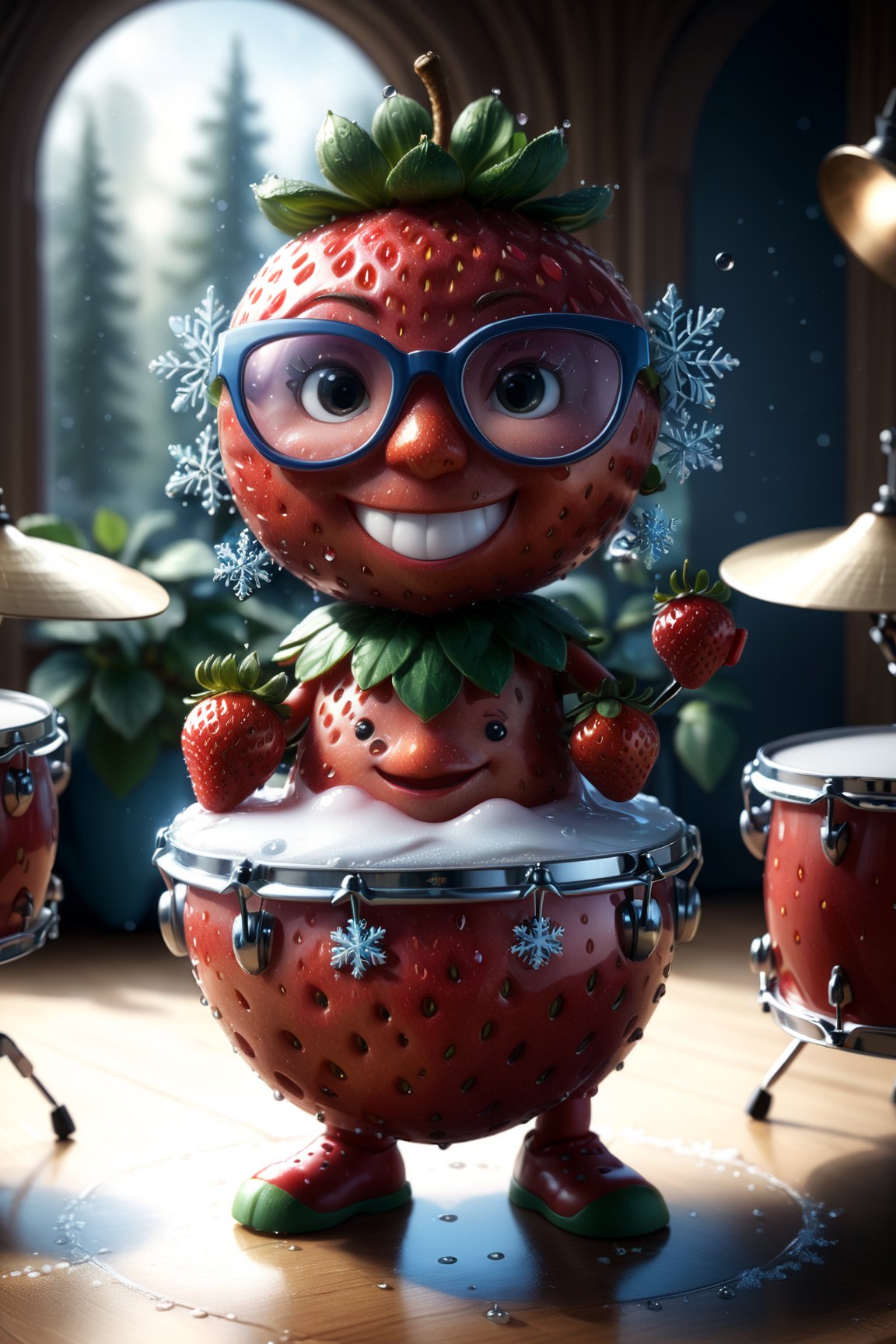 ((masterpiece:1.3,concept art,best quality,photorealistic)), very cute appealing    anthropomorphism of strawberry , playing drums pear, wearing snowflake glasses,drum set background,looking at the viewer, big grin, happy,, droplets, macro, sunlight, fantasy art, dynamic composition, dramatic lighting, epic realistic, award winning illustration, more detail XL,snowflake glasses