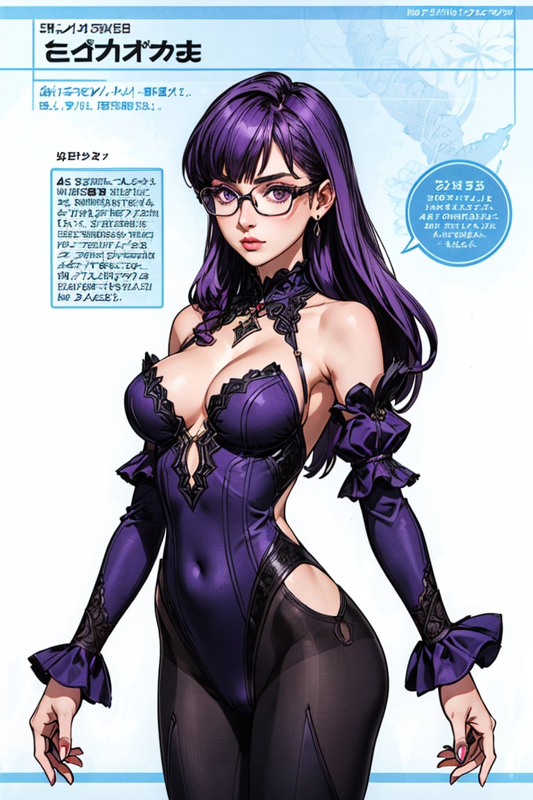 high quality,1girl, solo, very long hair, breasts, cleavage, medium breasts, very long hair, purple hair, detached sleeves, glasses, concept art,leavage, bare shoulders, jewelry, closed mouth, purple eyes, pantyhose, cowboy shot, detached sleeves, glasses, puffy sleeves, black pantyhose, clothing cutout, detached collar, black-framed eyewear,detached sleeves, glasses, puffy sleeves,juliet sleeves, suit,Bell bottom pants,sexy pose,beach