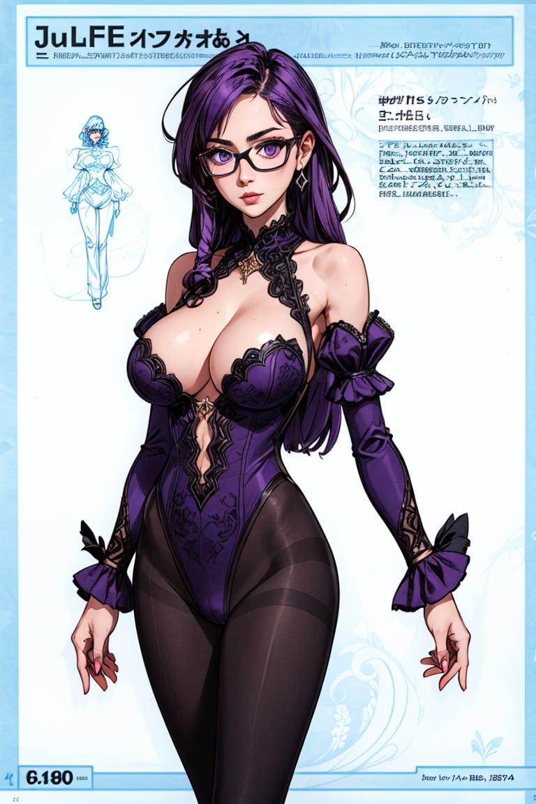 high quality,1girl, solo, very long hair, breasts, cleavage, huge breasts, very long hair, purple hair, detached sleeves, glasses, concept art,leavage, bare shoulders, jewelry, closed mouth, purple eyes, pantyhose, cowboy shot, detached sleeves, glasses, puffy sleeves, black pantyhose, clothing cutout, detached collar, black-framed eyewear,detached sleeves, glasses, puffy sleeves,juliet sleeves, suit,Bell bottom pants,sexy pose