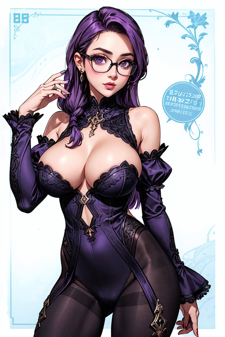 high quality,1girl, solo, very long hair, breasts, cleavage, huge breasts, very long hair, purple hair, detached sleeves, glasses,leavage, bare shoulders, jewelry, closed mouth, purple eyes, pantyhose, cowboy shot, detached sleeves, glasses, puffy sleeves, clothing cutout, detached collar, black-framed eyewear,detached sleeves, glasses, puffy sleeves,juliet sleeves, suit,Bell bottom pants,sexy pose