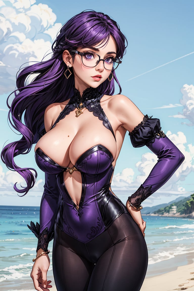 high quality,1girl, solo, very long hair, breasts, cleavage, huge breasts, very long hair, purple hair, detached sleeves, glasses,leavage, bare shoulders, jewelry, closed mouth, purple eyes, pantyhose, cowboy shot, detached sleeves, glasses, puffy sleeves, clothing cutout, detached collar, black-framed eyewear,detached sleeves, glasses, puffy sleeves,juliet sleeves, suit,Bell bottom pants,sexy pose,beach