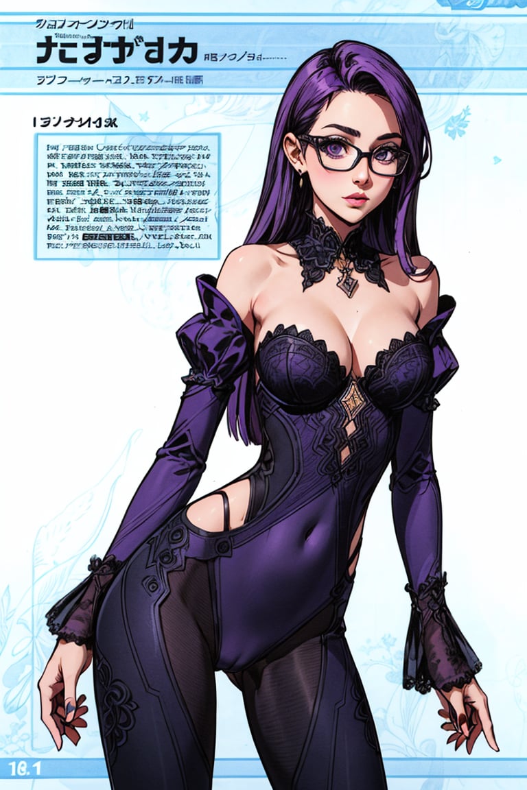 high quality,1girl, solo, very long hair, breasts, cleavage, medium breasts, very long hair, purple hair, detached sleeves, glasses, concept art,leavage, bare shoulders, jewelry, closed mouth, purple eyes, pantyhose, cowboy shot, detached sleeves, glasses, puffy sleeves, black pantyhose, clothing cutout, detached collar, black-framed eyewear,detached sleeves, glasses, puffy sleeves,juliet sleeves, suit,Bell bottom pants,sexy pose,city