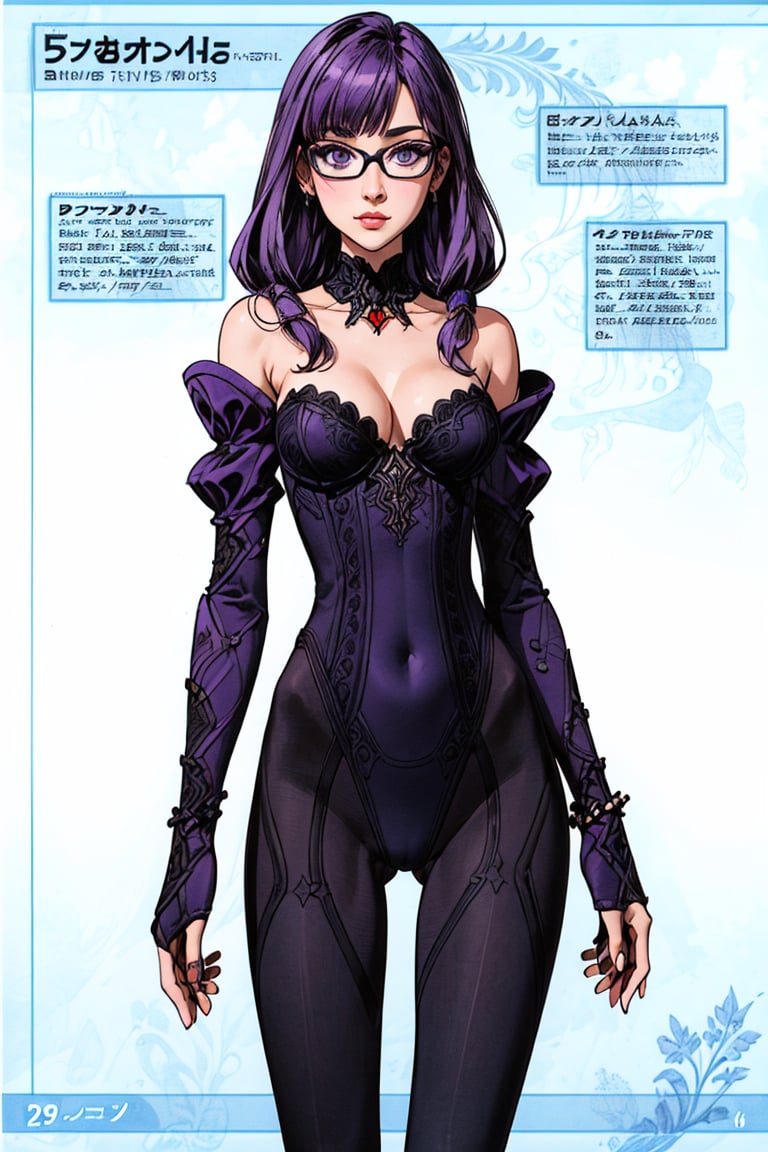 high quality,1girl, solo, long hair, breasts, cleavage, medium breasts, very long hair, purple hair, detached sleeves, glasses, concept art,leavage, bare shoulders, jewelry, closed mouth, purple eyes, pantyhose, cowboy shot, outdoors, detached sleeves, sky, glasses, puffy sleeves, cloud, black pantyhose, clothing cutout, detached collar, black-framed eyewear,detached sleeves, glasses, puffy sleeves, juliet sleeves, speech bubble,white background