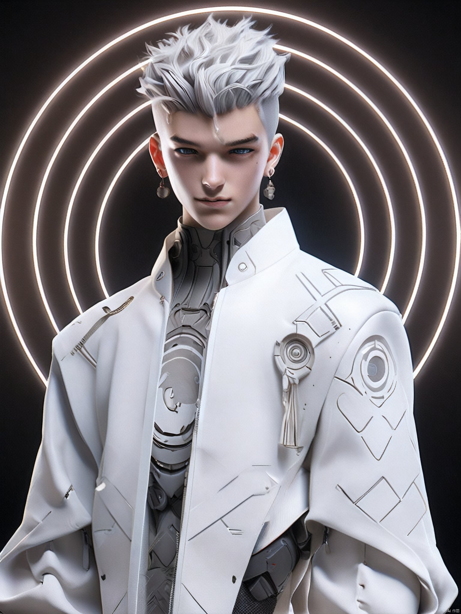 standing, ((full body)), ((full view)), Golden ratio figure,  tall, a young individual with a striking appearance. They have silver-white hair styled in a tousled manner,  and their eyes are intense,  gazing directly at the viewer. The person is wearing a white,  futuristic-looking jacket with intricate patterns and designs, Futuristic Pants, The jacket has a circular emblem on the left side,  which appears to be a stylized bird or creature. The background is dark,  with a glowing circular design that emits a soft light,  creating a contrast with the subject,<lora:EMS-272013-EMS:1.000000>