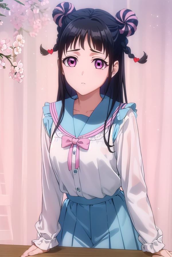 mahorojin, <lora:mahoro jin-lora-nochekaiser:1>,mahoro jin, long hair, bangs, black hair, hair ornament, braid, (pink eyes:1.3), hair bun, twin braids, double bun, heart, heart hair ornament,BREAK shirt, long sleeves, bow, school uniform, white shirt, serafuku, sailor collar, frills,BREAK indoors, classroom,BREAK looking at viewer, (cowboy shot:1.5),BREAK <lyco:GoodHands-beta2:1>, (masterpiece:1.2), best quality, high resolution, unity 8k wallpaper, (illustration:0.8), (beautiful detailed eyes:1.6), extremely detailed face, perfect lighting, extremely detailed CG, (perfect hands, perfect anatomy),