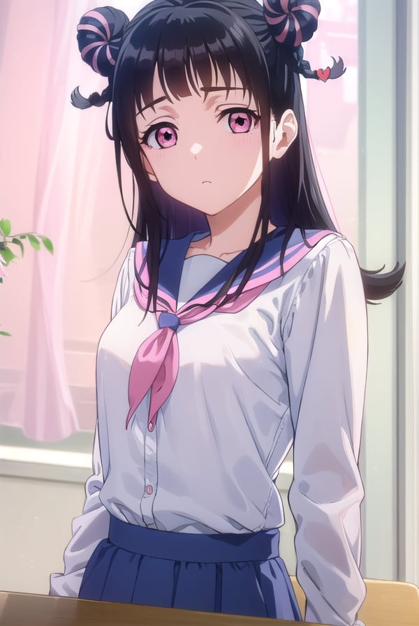 mahorojin, <lora:mahoro jin-lora-nochekaiser:1>,mahoro jin, long hair, bangs, black hair, hair ornament, braid, (pink eyes:1.3), hair bun, twin braids, double bun, heart, heart hair ornament,BREAK shirt, long sleeves, bow, school uniform, white shirt, serafuku, sailor collar, frills,BREAK indoors, classroom,BREAK looking at viewer, (cowboy shot:1.5),BREAK <lyco:GoodHands-beta2:1>, (masterpiece:1.2), best quality, high resolution, unity 8k wallpaper, (illustration:0.8), (beautiful detailed eyes:1.6), extremely detailed face, perfect lighting, extremely detailed CG, (perfect hands, perfect anatomy),