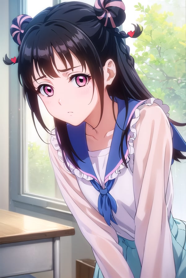 mahorojin, <lora:mahoro jin-lora-nochekaiser:1>,mahoro jin, long hair, bangs, black hair, hair ornament, braid, (pink eyes:1.3), hair bun, twin braids, double bun, heart, heart hair ornament,BREAK shirt, long sleeves, bow, school uniform, white shirt, serafuku, sailor collar, frills,BREAK indoors, classroom,BREAK looking at viewer, (cowboy shot:1.5),BREAK <lyco:GoodHands-beta2:1>, (masterpiece:1.2), best quality, high resolution, unity 8k wallpaper, (illustration:0.8), (beautiful detailed eyes:1.6), extremely detailed face, perfect lighting, extremely detailed CG, (perfect hands, perfect anatomy),