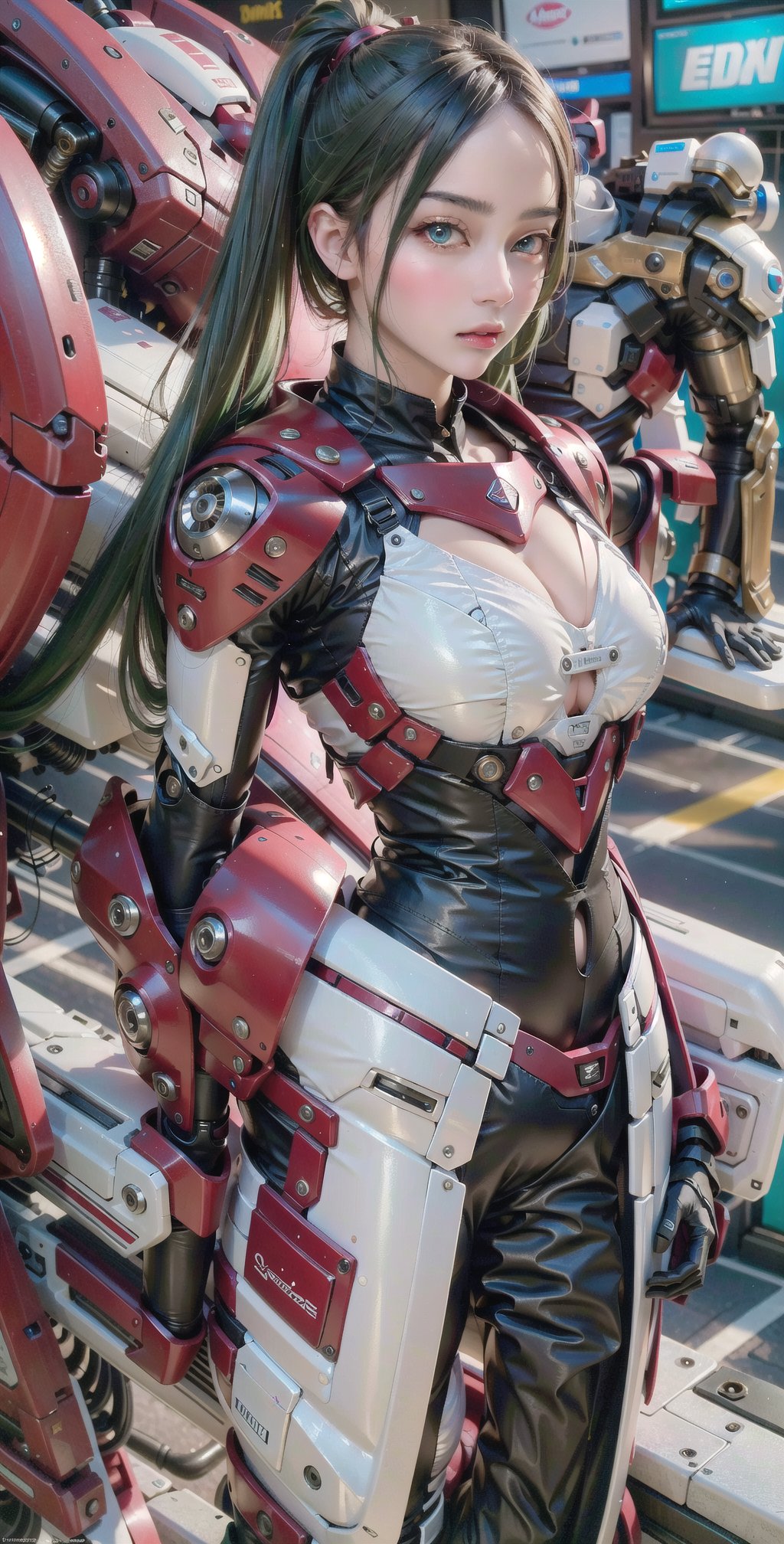 Realistic (masterpiece1.2), (Ultra HDR quality), cyberpunk girl, armour, detailed, complex_background, high_res, 8k, fembot, complex armour, cyberpunk sword, pale skin girl, green hair, anime realism, red eyes, not fully dressed in armour, long ponytail, red cyberpunk armour,photorealistic