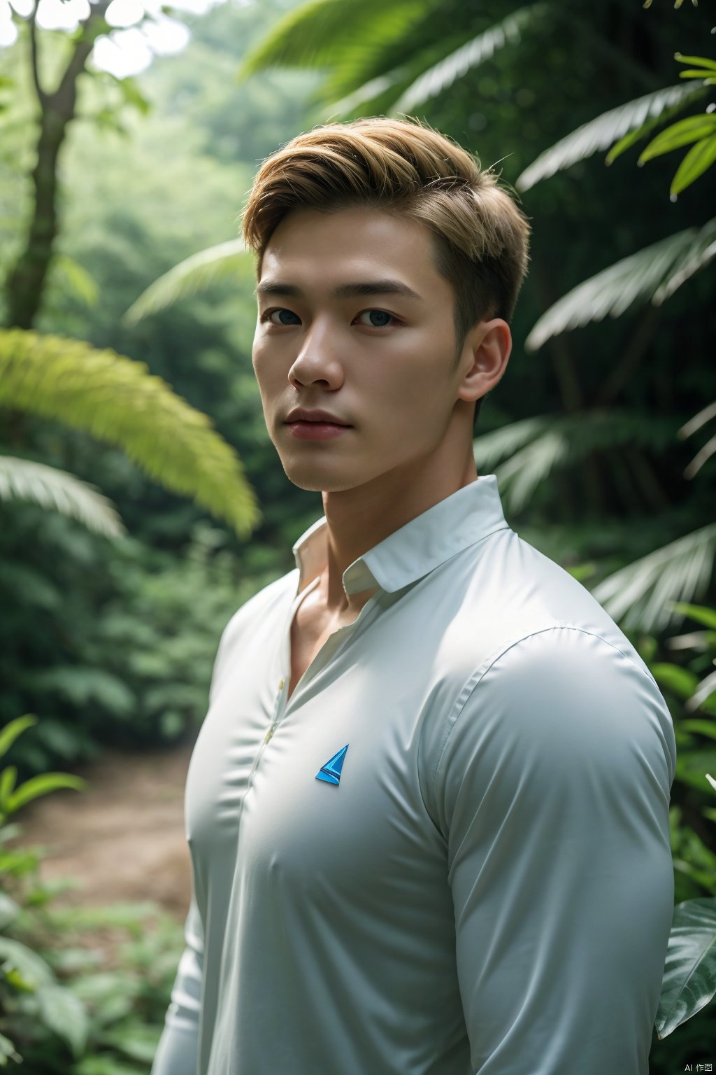 realistic, (absurdres, highres, ultra detailed), 1 male, solo, mature, tall muscular guy, broad shoulders, handsome, angular jaw, thick neck, BREAK, looking at viewer, short blonde hair, blue eyes, long sleeves, forest, trees full of greenery, fluttering leaves, natural light and shadow, Jungle exploration, lots of plants, depth of field, upper body, frontal