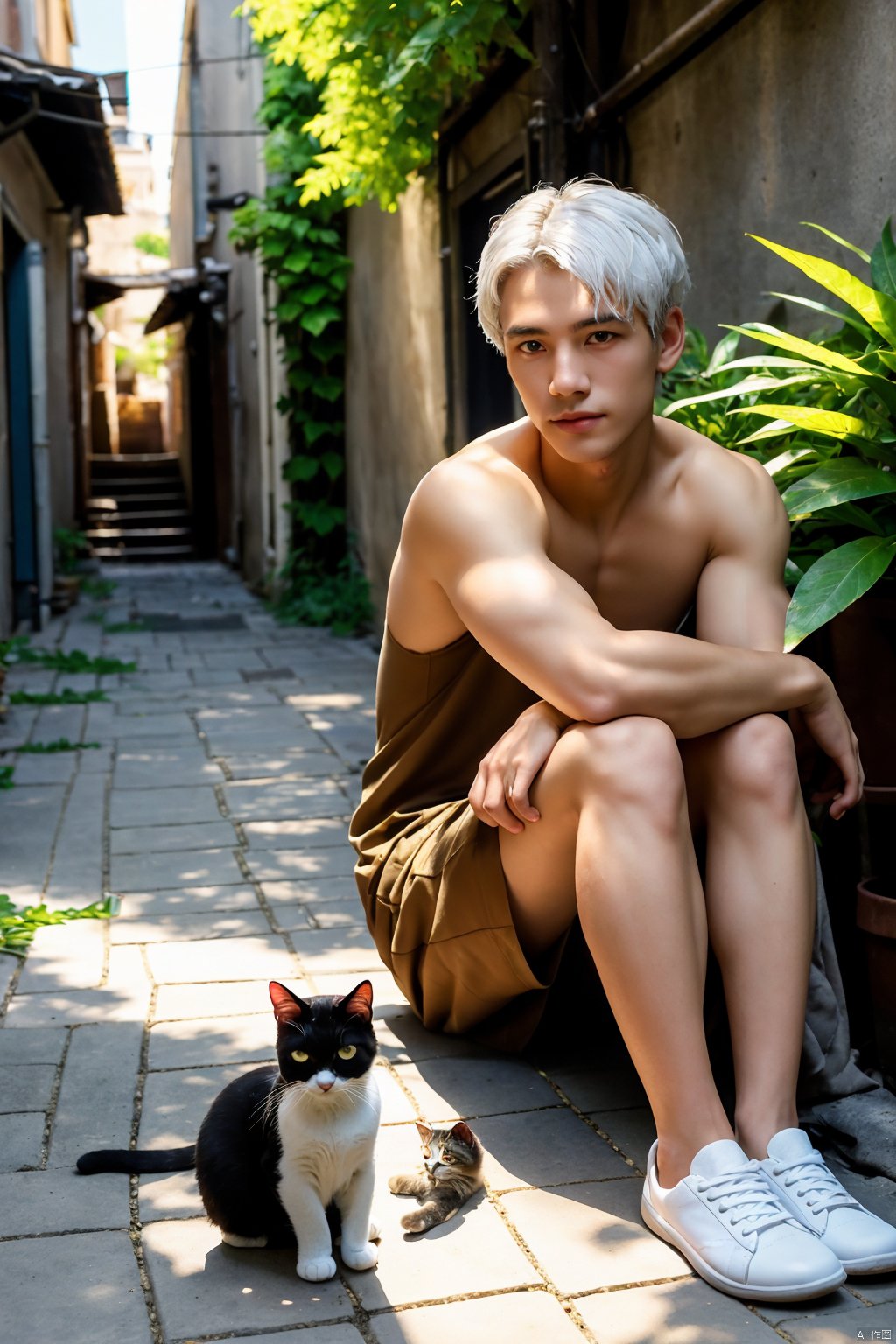 masterpiece,best quality,1 male,adult,tall muscular,handsome,finely detailed eyes,intricate details,white hair,background is back alley,detasiled sunlight,sitting,Little cats are gathered next to him,dappled sunlight,day,depth of field,plants,summer,