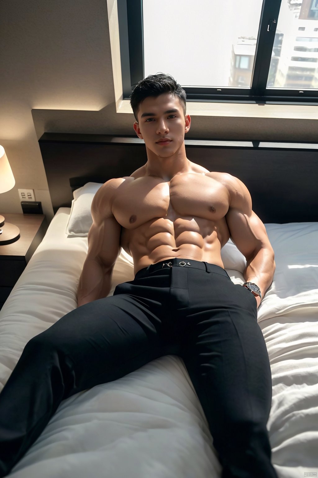  handsome young man,(full body:1.3),(looking at viewer:1.5),(short hair, black hair:1.3),(lying in bed),(background of bedroom, natural lighting:1.3),bed,window,(muscular, large pectorals, abs:1.3),perfect hands,(watch:1.5),black boots,black pants,masterpiece,best quality,(high res, detailed image, realistic:1.3),(8k, RAW photo, best quality, masterpiece:1.3),