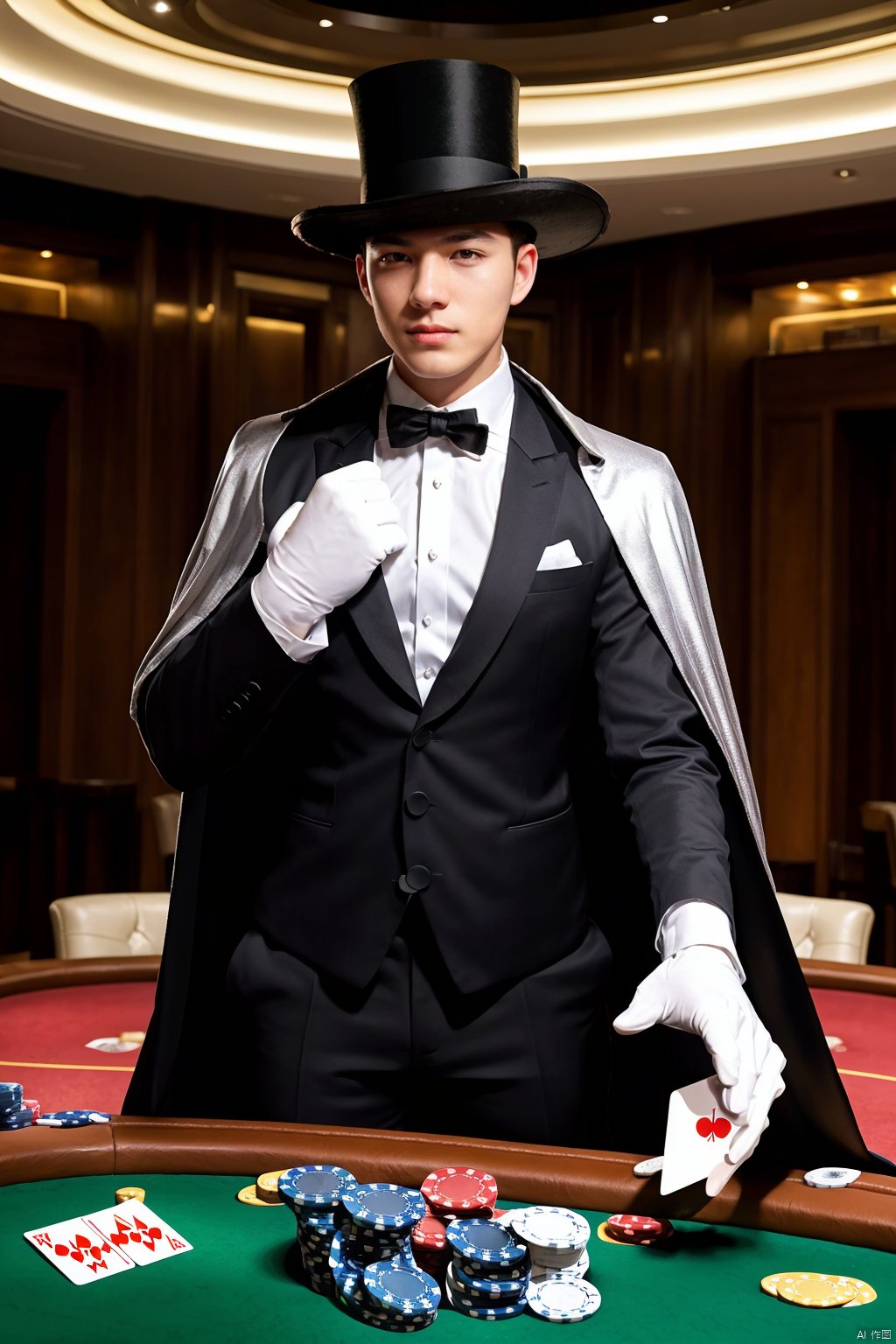 (best quality),((masterpiece)),illustrator,1boy,magician,Silver hair,top hat,suit,cloak,white gloves,magic circle,(poker:1.2),