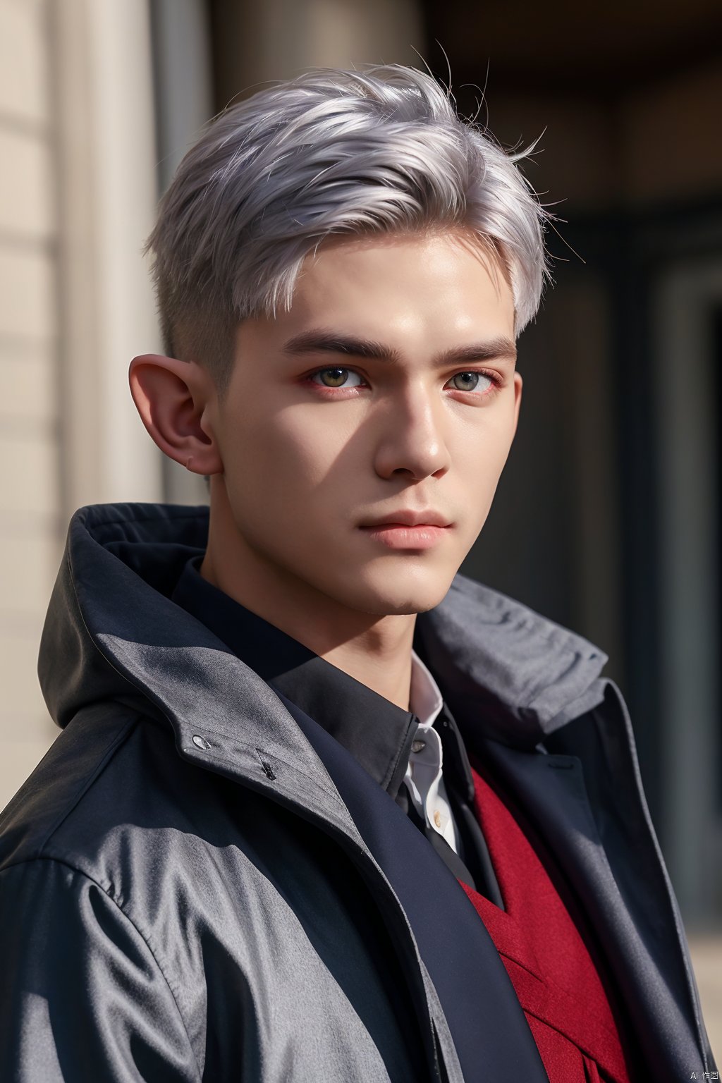  masterpiece,best quality,high quality,1boy,solo,male focus,looking at viewer,upper body,mihai_florescu,red eyes,silver hair,hair between eyes,pointy ears,coat,