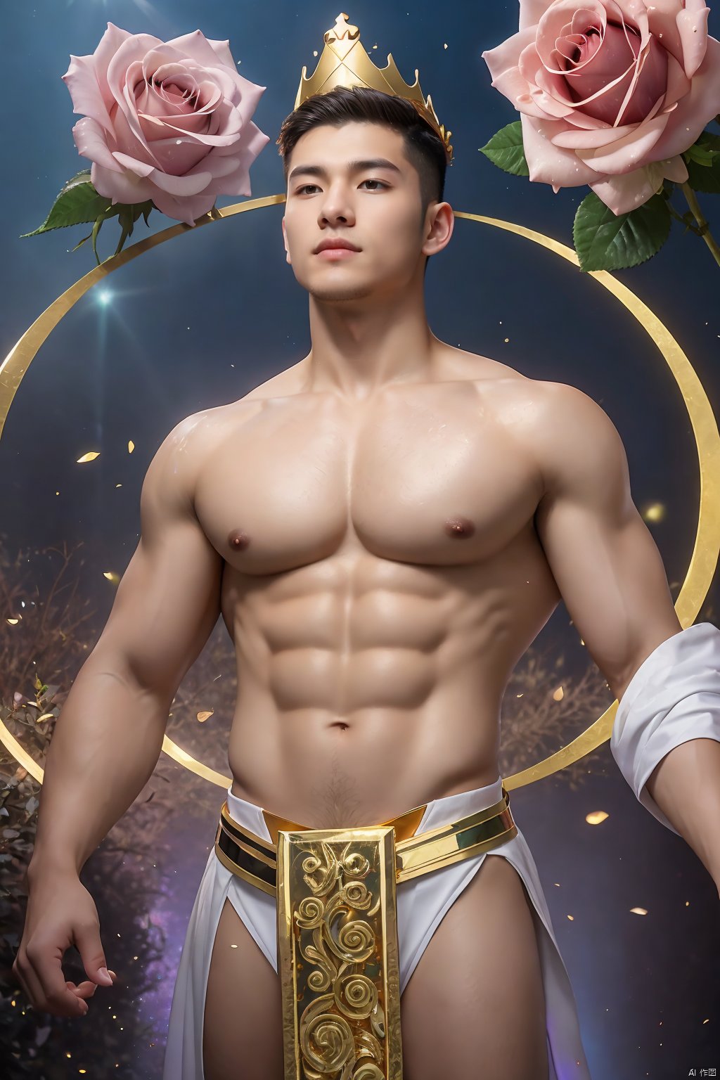  masterpiece,1 Man,(Asian male:0.6),Stubble,Professional photo of a 22-year-old man,Wear a crown,Pope.,Extravagant magical white robes,White ribbon,(iridescent gold:1.2),(magic swirls:1.2),Body hair,Abdominal hair,fractal pattern,Kaleidoscope,Huge flowers,(Combat posture:1.3),Gorgeous textures,Light blue sky,A lot of particle special effects.,Garden,Pink fluorescent roses,textured skin,super detail,best quality,