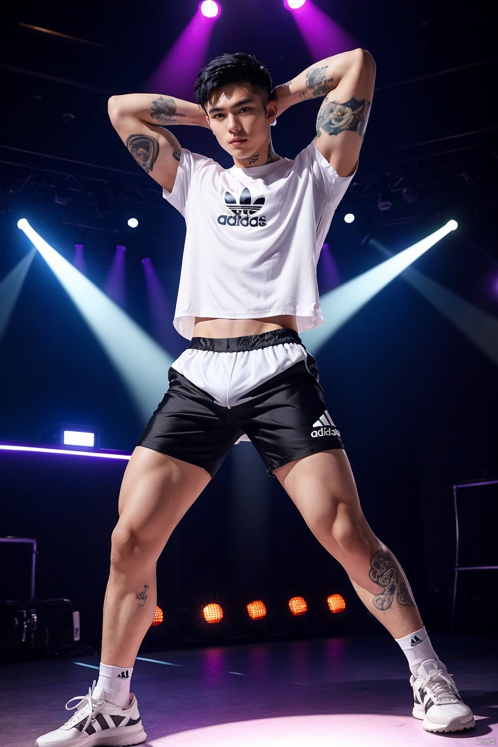 toned young man,full body,spiky black hair,white adidas shirt,tight fitting silk shorts,bulge,((tattoo on arms)),chavalpha,in a nightclub dancing,disco lights,