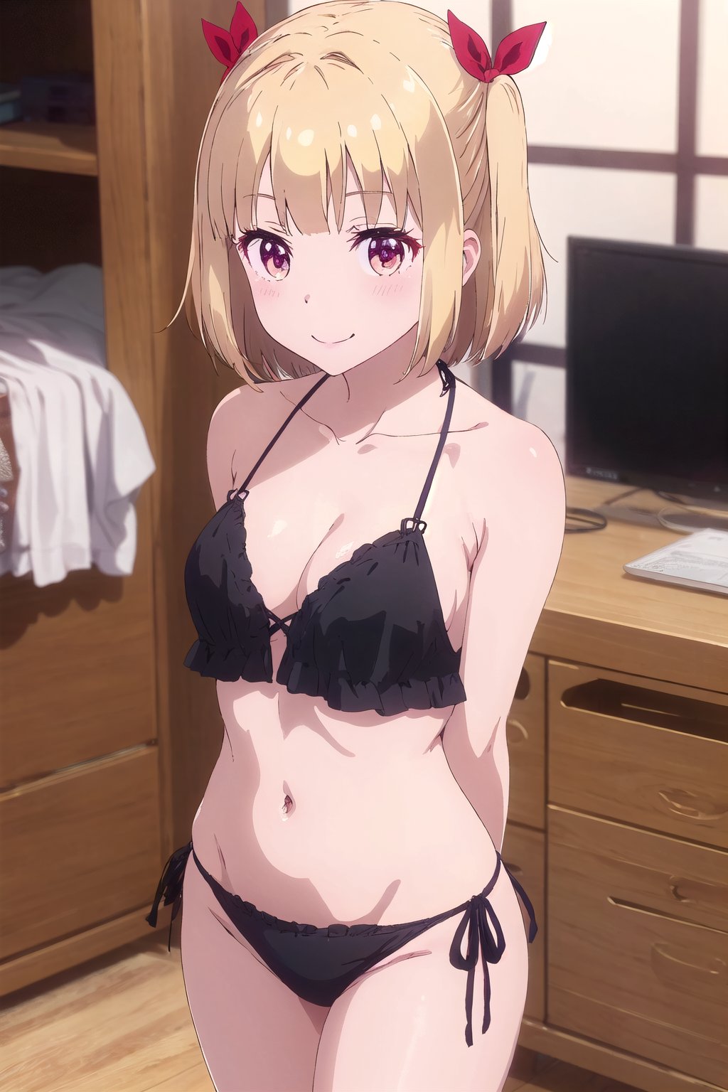 masterpiece, best quality, highres, collarbone, , indoors, cowboy shot, standing, smile, string bikini, black_string_bikini, arms behind back, curvy_figure , yun ijima, short hair, blonde hair, red eyes, ribbon, hair ribbon, two side up,