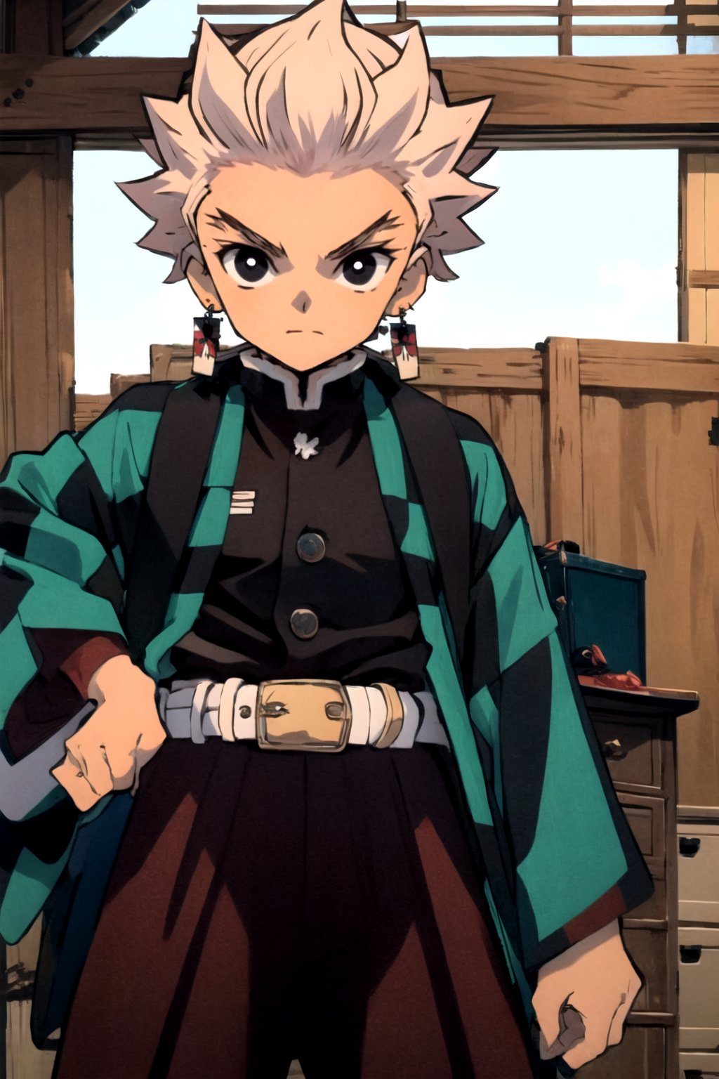  , 1boy, solo, white hair,  black eyes, male focus, axel_blaze, black pants,axel_blaze,UNIGREEN, japanese clothes, haori, demon slayer uniform, long sleeves, jacket, jewelry, earrings, belt