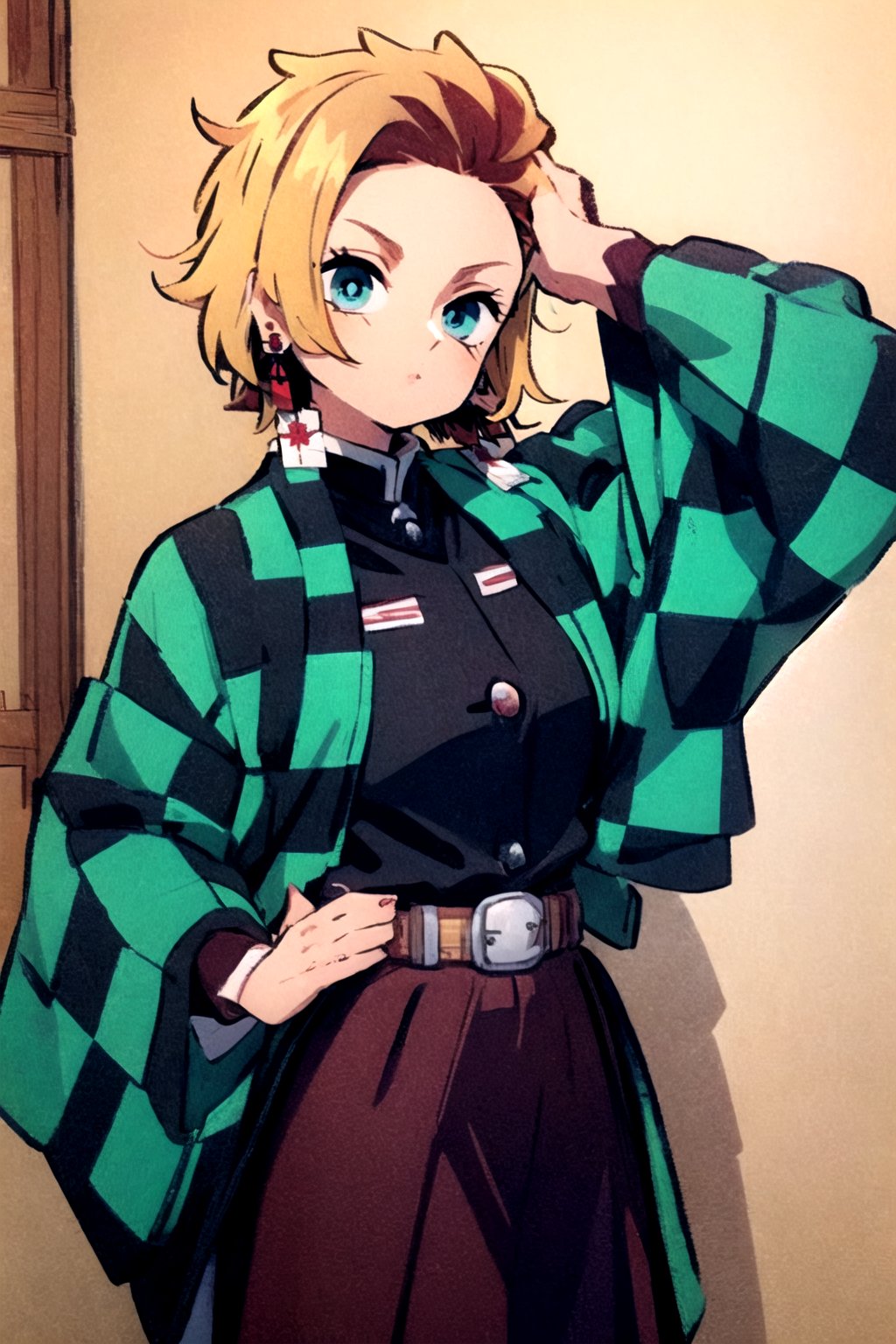  UNIGREEN, japanese clothes, haori, demon slayer uniform, long sleeves, jacket, jewelry, earrings, belt,Android_18, 1girl, solo, blonde hair, blue eyes,