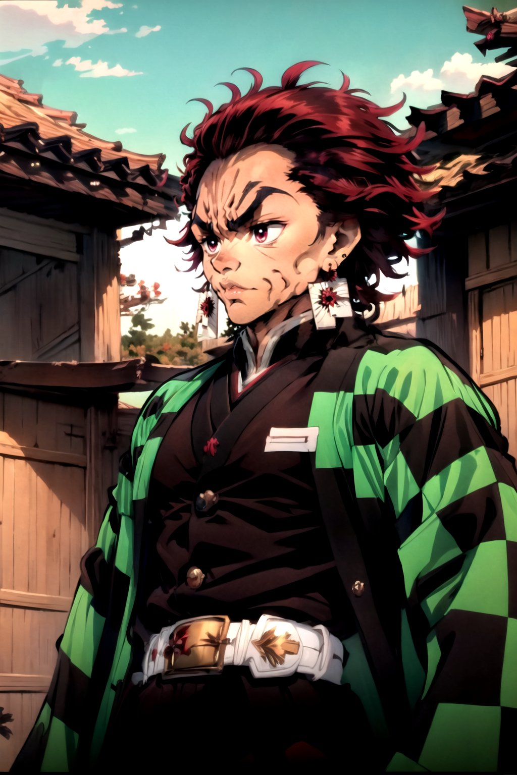  UNIGREEN, japanese clothes, haori, demon slayer uniform, long sleeves, jacket, jewelry, earrings, belt, Hanma_yujiro, 1boy, red hair, muscles