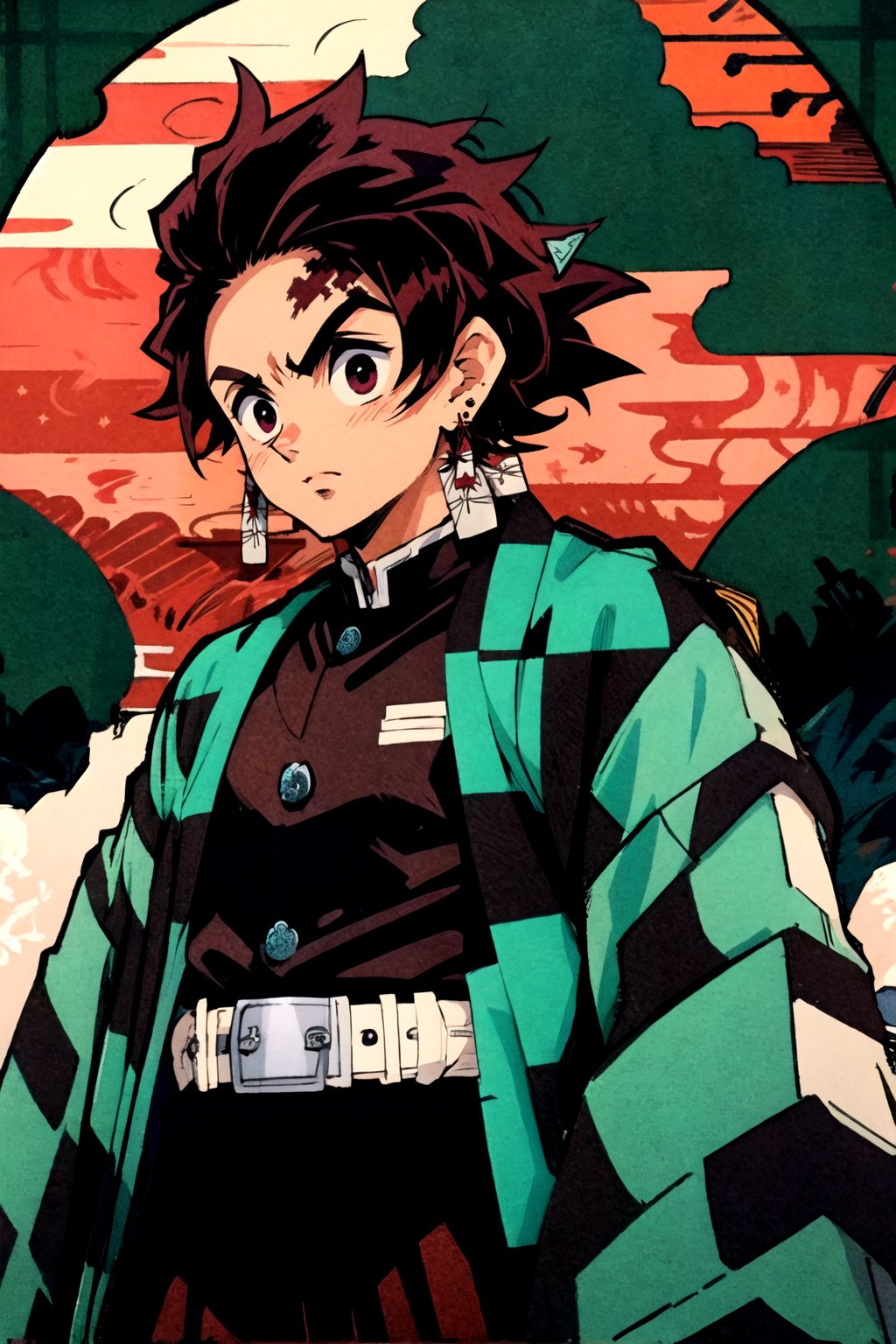  UNIGREEN, japanese clothes, haori, demon slayer uniform, long sleeves, jacket, jewelry, earrings, belt, son goku, 1boy, solo, spiked hair, black hair, black eyes, male focus