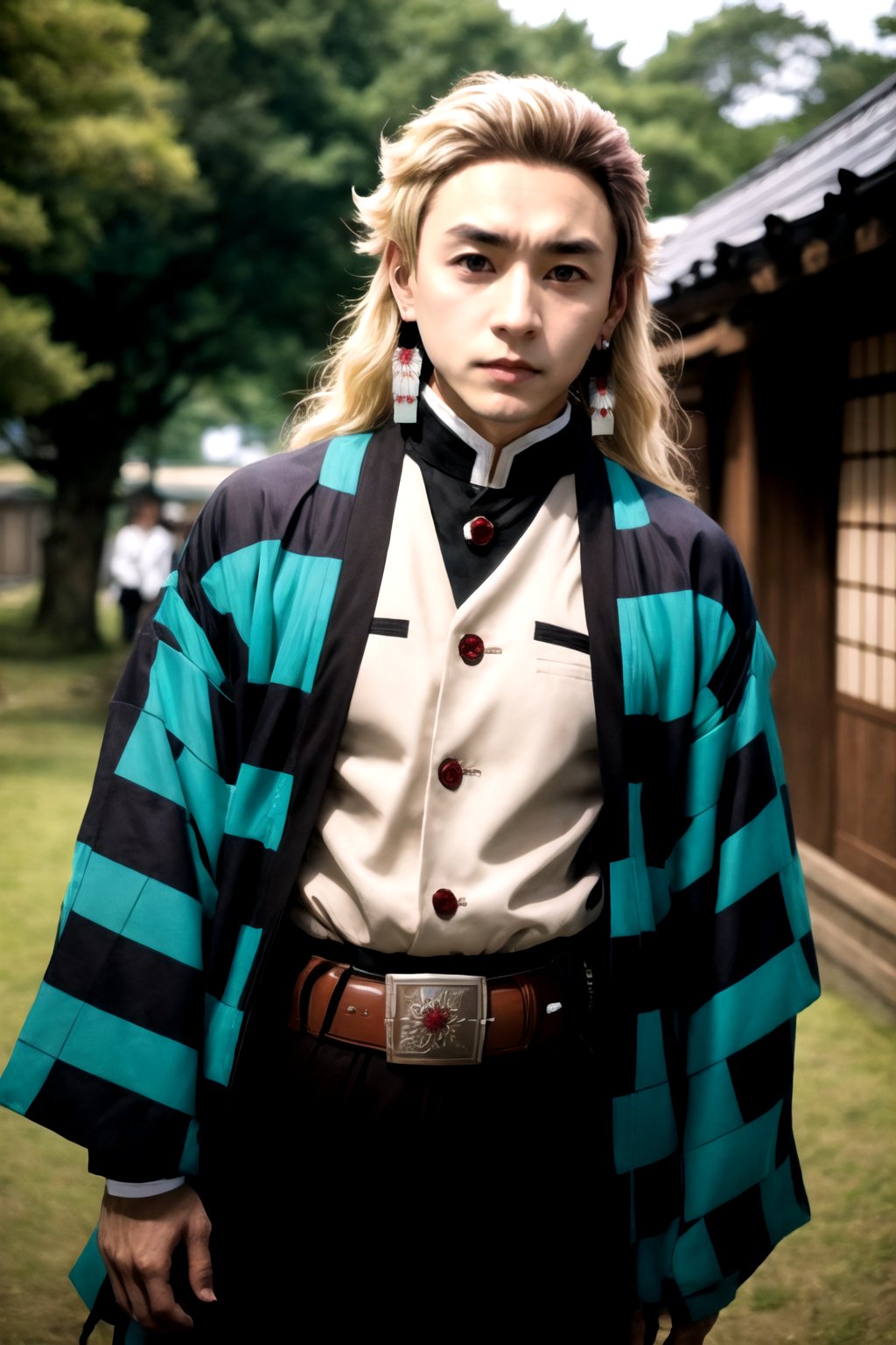  UNIGREEN, japanese clothes, haori, demon slayer uniform, long sleeves, jacket, jewelry, earrings, belt, 1boy, (blonde hair), (long hair), solo, male focus, outdoors