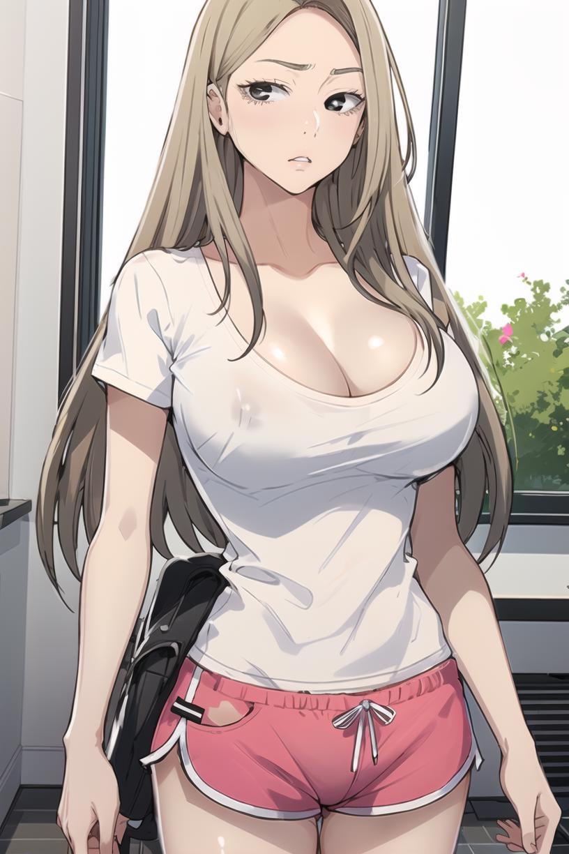 <lora:MiaCha_SC_V2:1> MiaChadef, long hair, blonde hair, brown eyes,portrait, large breasts, standing, t-shirt, pink shorts, white shirt, cleavage, looking at viewer,masterpiece, best quality,