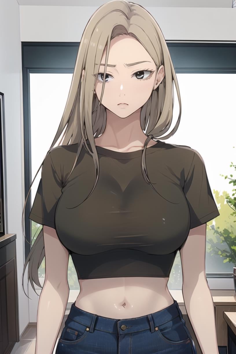 <lora:MiaCha_SC_V2:1> MiaChadef, long hair, blonde hair, brown eyes,portrait, large breasts, short sleeves, crop top, jeans, standing, brown shirt, blue pants, upper body, looking at viewer, masterpiece, best quality,