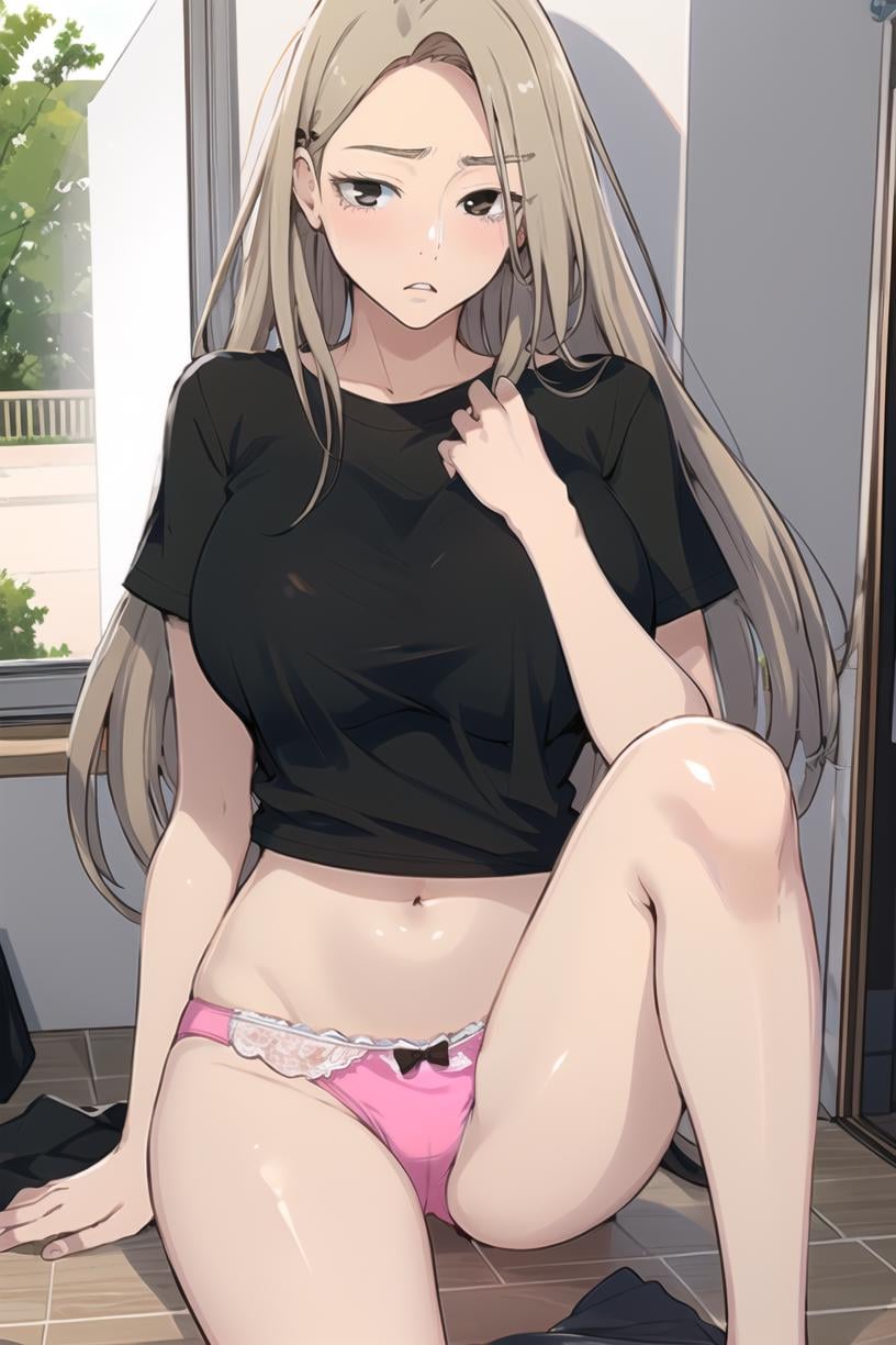 <lora:MiaCha_SC_V2:1> MiaChadef, long hair, blonde hair, brown eyes,portrait, large breasts, no pants, black shirt, t-shirt, bow panties, pink pantiesmasterpiece, best quality,