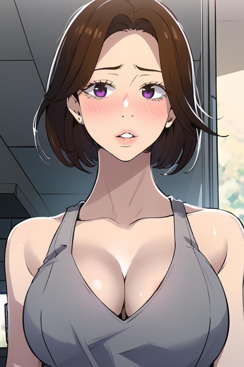 <lora:June_SC:0.9> junescdef, brown hair, purple eyes, medium hair, parted lips, blush, collarbone, cleavage, mature female, bare shoulders, grey dress, large breasts, upper body, looking at viewer,masterpiece, best quality,