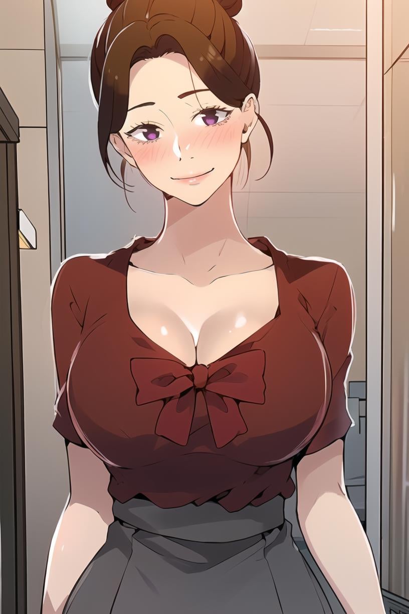 <lora:June_SC:0.9> junescdef, brown hair, purple eyes, red shirt, blush, facing viewer, hair bun, collarbone, cleavage, smile, grey skirt, mature female, skirt, large breasts, bow, closed mouth, collared shirt,masterpiece, best quality,