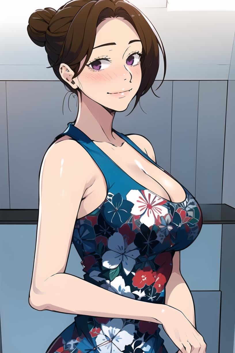 <lora:June_SC:0.9> junescdef, brown hair, purple eyes,  hair bun, blush, tank top, cleavage, smile, mature female, bare shoulders, floral print, dress, blue dress, print dress, upper body, looking at viewer, closed mouthmasterpiece, best quality,