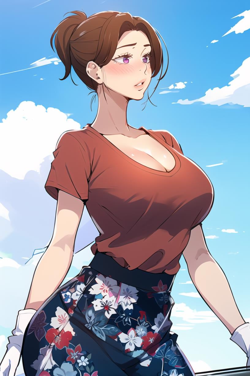 <lora:June_SC:0.9> junescdef, brown hair, purple eyes, gloves, long hair, parted lips, blush, white gloves, sky, ponytail, collarbone, lips, day, short sleeves, cleavage, print skirt, blue sky, cloud, mature female, outdoors, skirt, large breasts, floral print, breasts, shirtmasterpiece, best quality,