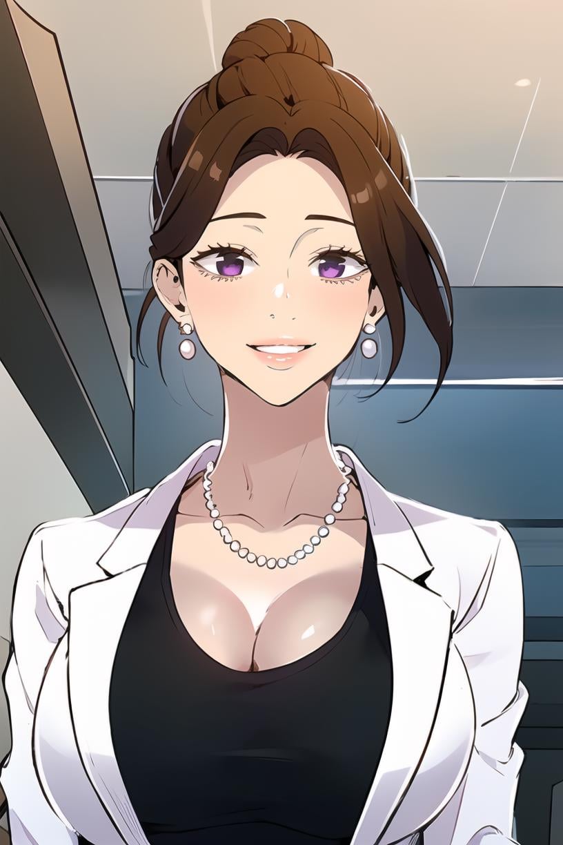 <lora:June_SC:0.9> junescdef, brown hair, purple eyes, necklace, earrings, single hair bun, hair bun, lips, pearl necklace, cleavage, smile, mature female, large breasts, upper body, looking at viewer, white jacket, black shirt, masterpiece, best quality,