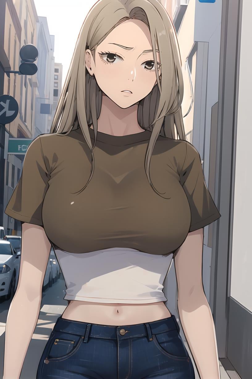 <lora:MiaCha_SC:1> MiaChadef, long hair, blonde hair, brown eyes, portrait, large breasts, short sleeves, crop top, jeans, standing, brown shirt, blue pants,masterpiece, best quality,