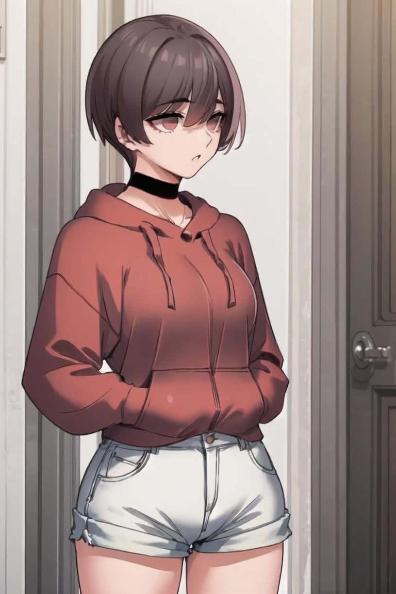 <lora:Harin:1> harindef, brown hair, brown eyes, short hairmasterpiece, best quality,black choker, portrait, hair between eyes, short shorts, white shorts, red hoodie, upper body,