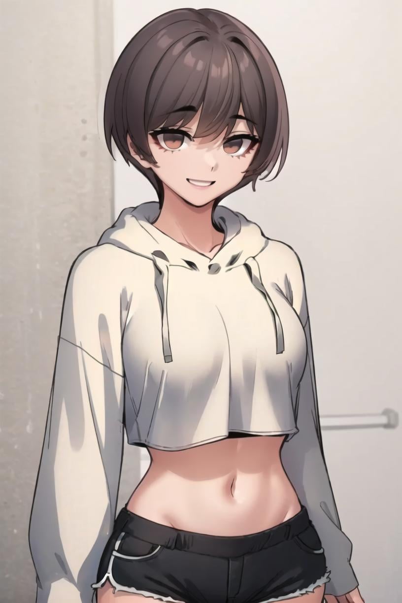 <lora:Harin:0.9> harindef, brown hair, brown eyes, short hairmasterpiece, best quality,midriff, white hoodie, crop top, dolphin shorts, brown background, long sleeves, solo, 1girl, shorts, black shorts, short shorts, upper body, portrait, smile, looking at viewer, 