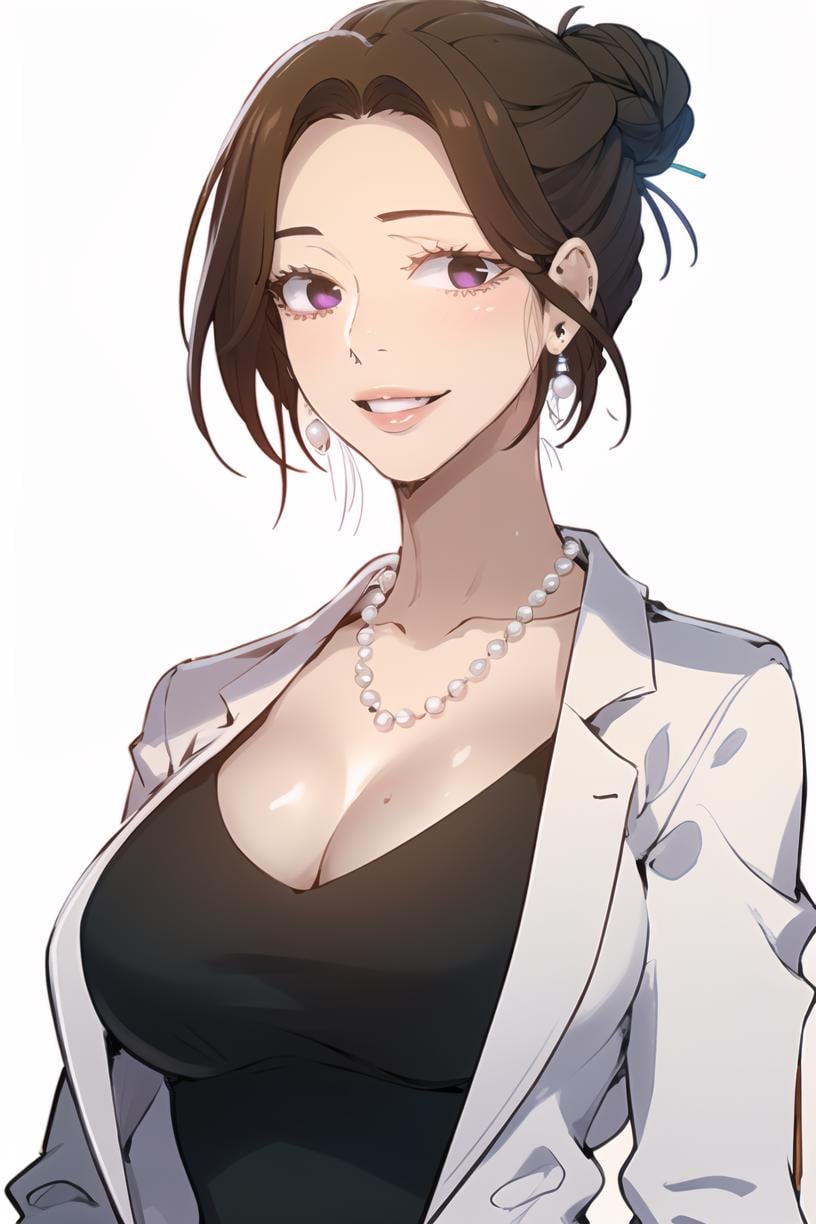 <lora:June_SCV2:1> junescdef, brown hair, purple eyes, necklace, earrings, single hair bun, hair bun, lips, pearl necklace, cleavage, smile, mature female, large breasts, upper body, looking at viewer, white jacket, black shirt, teeth, masterpiece, best quality,  