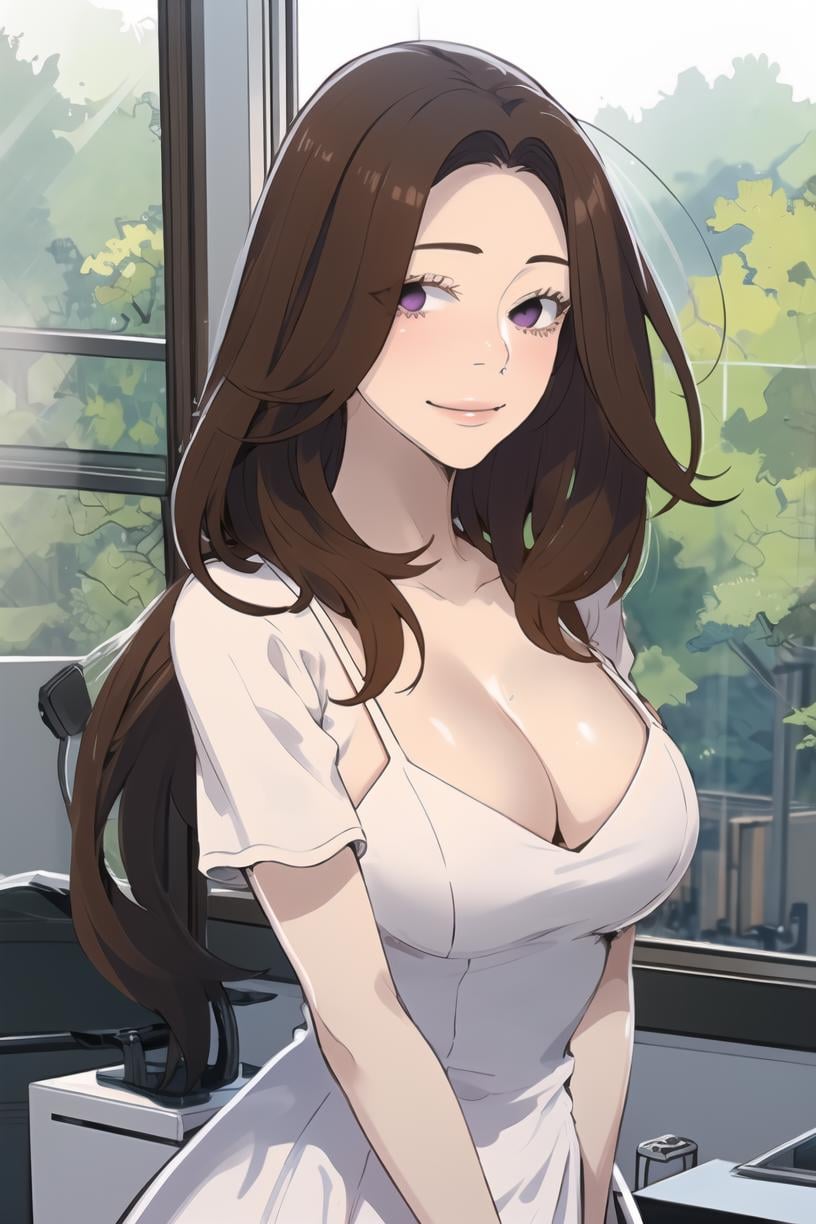 <lora:June_SCV2:1> junescdef, brown hair, purple eyes, medium breasts, large breasts, long hair, cleavage, white dress, collarbone, upper body, looking at viewer, smilemasterpiece, best quality,  