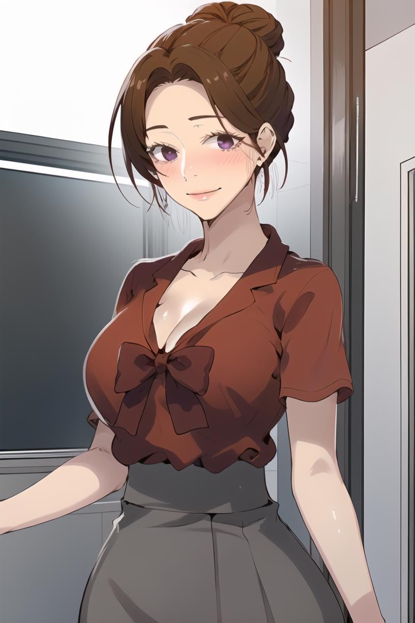 <lora:June_SCV2:1> junescdef, brown hair, purple eyes, red shirt, blush, facing viewer, hair bun, collarbone, cleavage, smile, grey skirt, mature female, skirt, large breasts, bow, closed mouth, collared shirt, upper body, v armmasterpiece, best quality,  