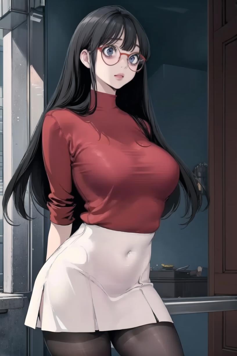 <lora:JeongSook_BNW:1> Sookdef, black hair, long hair, black eyes,red shirt, white skirt, glasses, red-framed eyewear, portrait, large breasts, pantyhose,masterpiece, best quality,