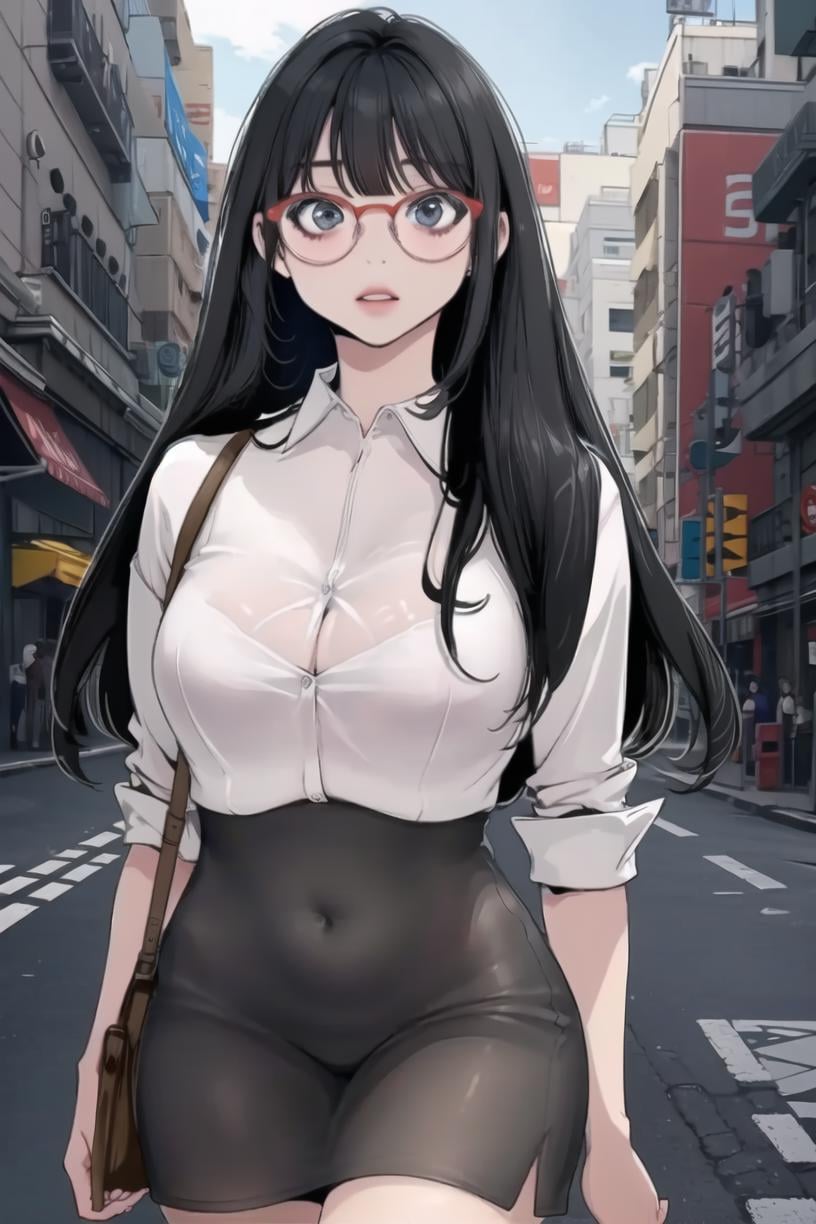 <lora:JeongSook_V2:1> Sookdef, black hair, long hair, black eyes,white shirt, black skirt, glasses, red-framed eyewear, portrait, large breasts, masterpiece, best quality,