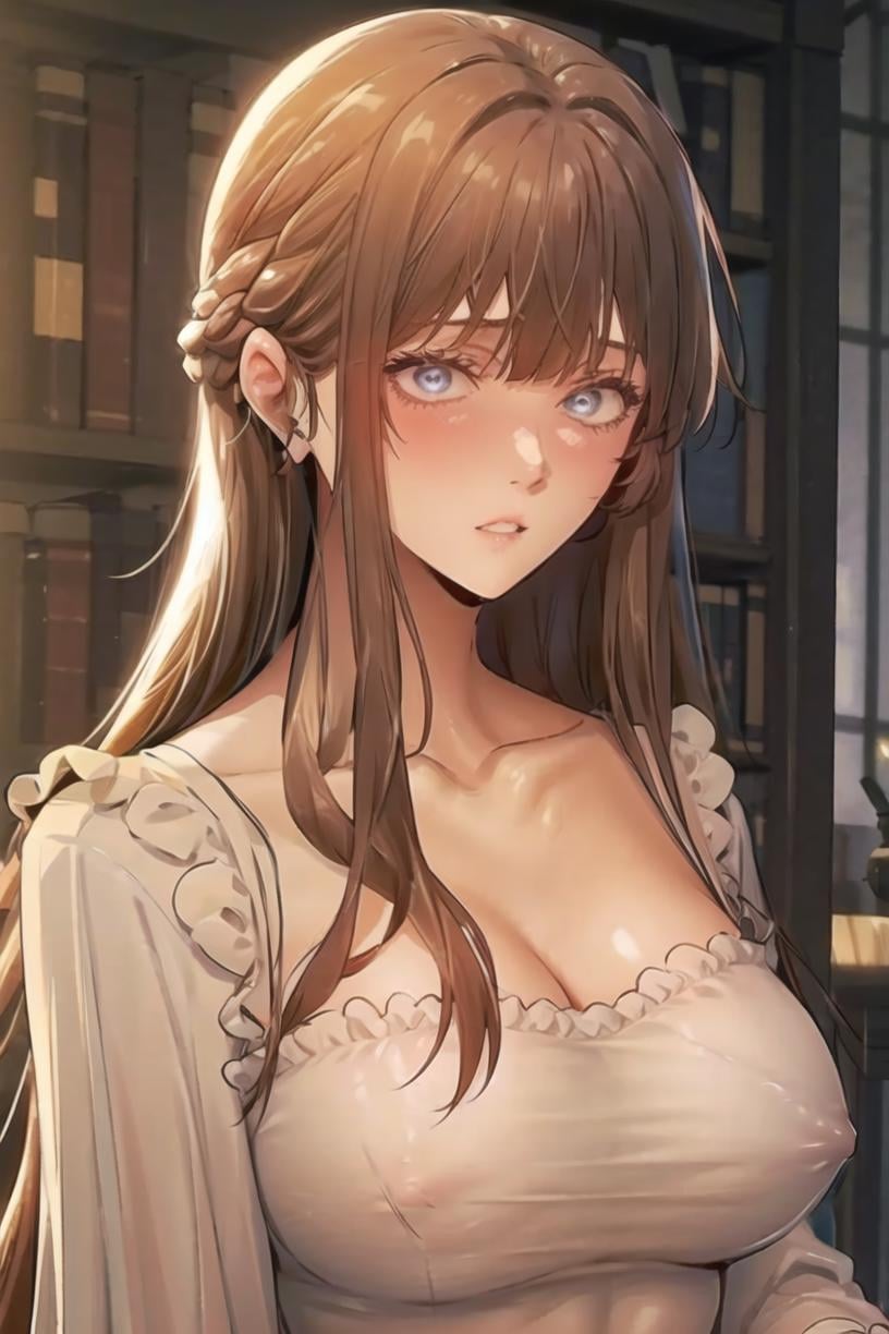 <lora:Verdia:0.9> verdiadef, blonde hair, blue eyes, long haircovered nipples, shirt, braid, collarbone, french braid, solo, parted lips, large breasts, looking at viewer, dress, upper body, sidelocks, cleavage, breasts, 1girl, blush, indoors, bangs, white dressmasterpiece, best quality,    