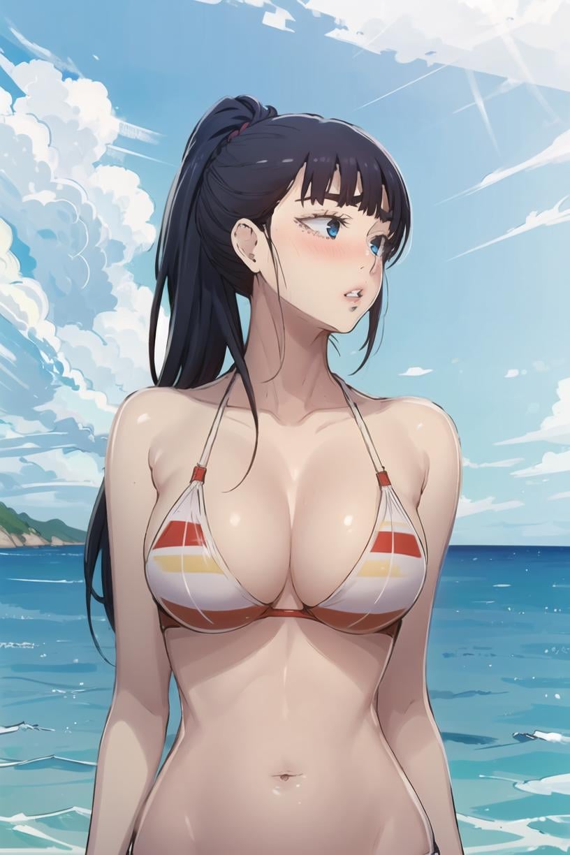 <lora:JooRi_SC:1> JooRidef, black hair, long hairbikini, blue sky, looking to the side, sky, solo, cloud, outdoors, breasts, swimsuit, upper body, blush, day, 1girl, parted lips, ponytail, cleavage, large breasts, bangs, stripedmasterpiece, best quality,