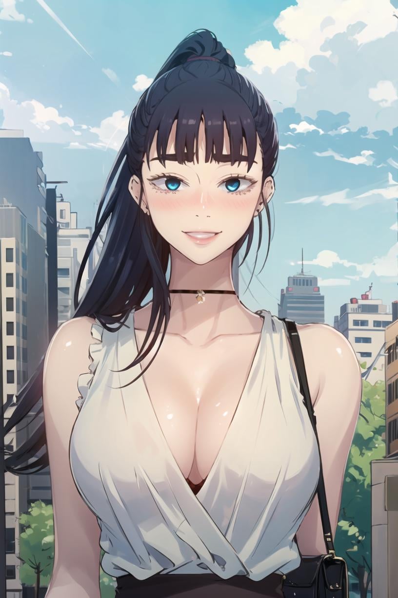 <lora:JooRi_SC:1> JooRidef, black hair, long hair, blue eyes, bare shoulders, blue sky, smile, sky, solo, handbag, outdoors, breasts, bag, upper body, blush, sleeveless, day, 1girl, ponytail, tree, choker, cleavage, large breasts, bangs, portrait,  masterpiece, best quality,