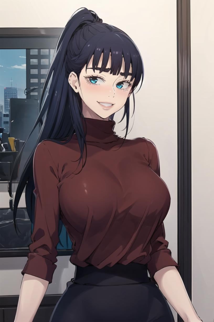 <lora:JooRi_SC:1> JooRidef, black hair, long hair, blue eyes, large breasts, 1girl, solo, looking at viewer, smile, red turtleneck shirt, black skirt, standing, upper body, ponytail,  masterpiece, best quality,